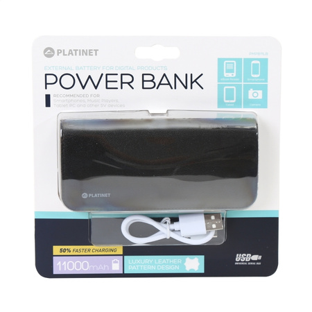 PLATINET POWER BANK 11000 mAh LEATHER BLACK + MICRO USB CABLE + USB-C ADAPTER [43454]