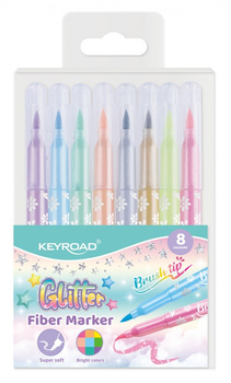 Flamastry KEYROAD Fiber Marker Glitter, zakończone pędzelkiem, brokatowe, 8 szt., mix kolorów pastelowych