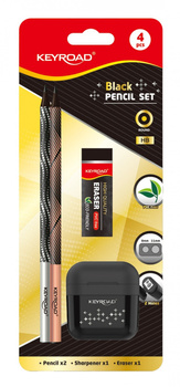 Zestaw szkolny KEYROAD Black Pencil Set, 2x czarny ołówek + gumka + temperówka, blister, czarny